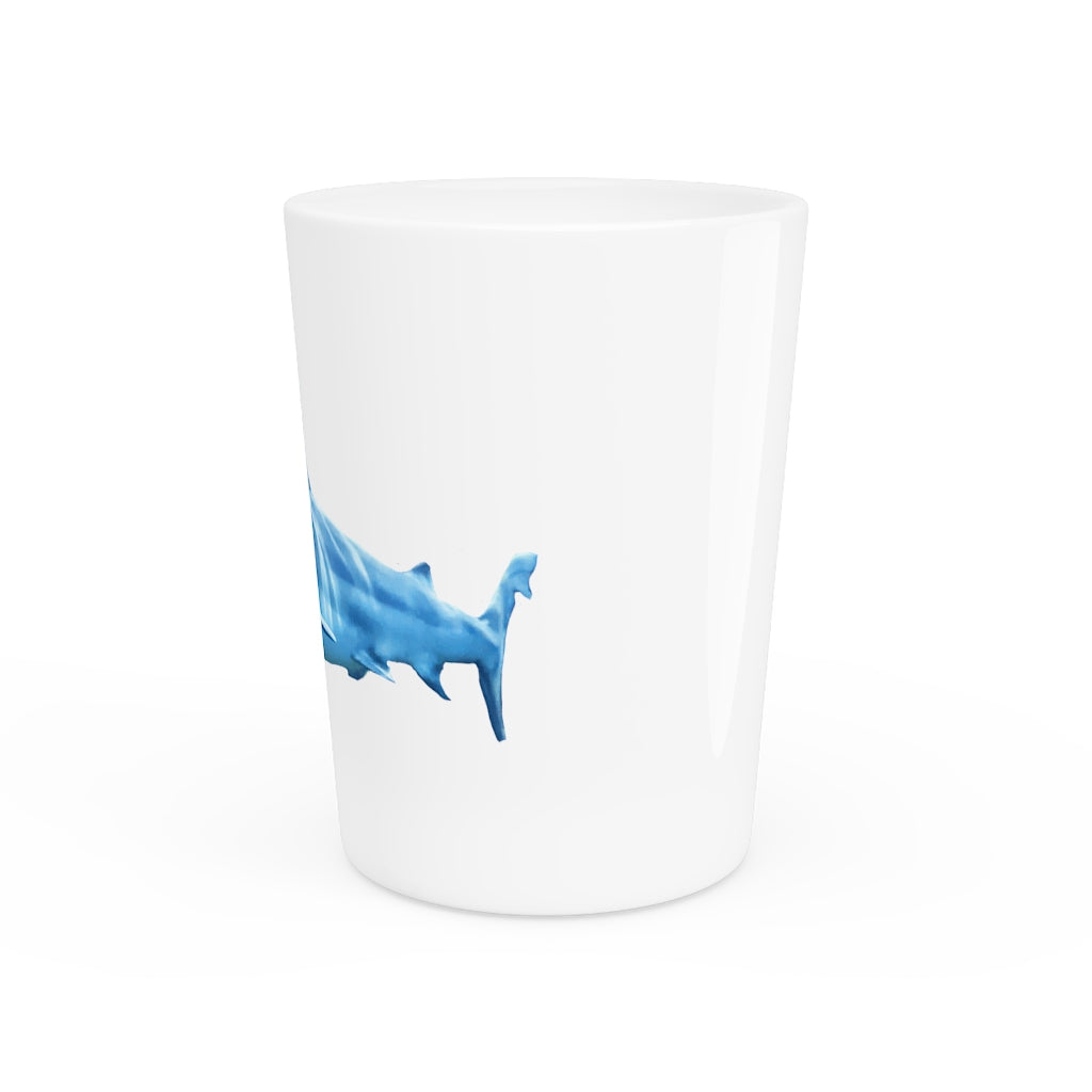 A personalized Shark Shot Glass made of white ceramic with a customizable design, featuring a black interior.