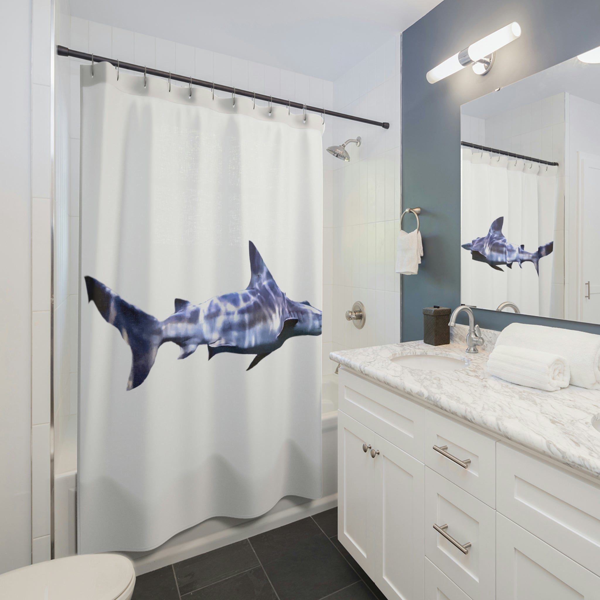 A vibrant Shark Shower Curtain featuring colorful shark designs on durable polyester fabric, perfect for enhancing bathroom decor.