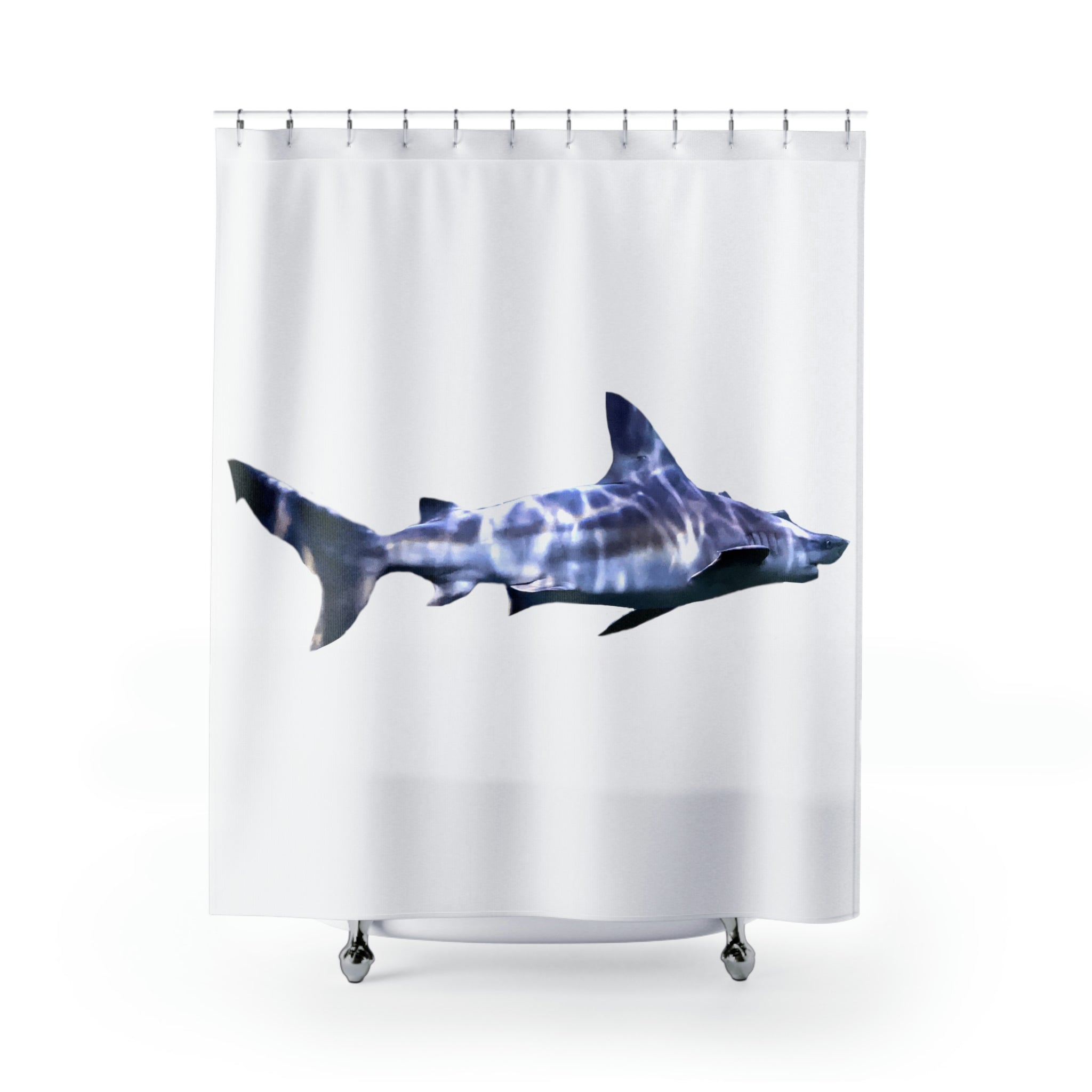 A vibrant Shark Shower Curtain featuring colorful shark designs on durable polyester fabric, perfect for enhancing bathroom decor.