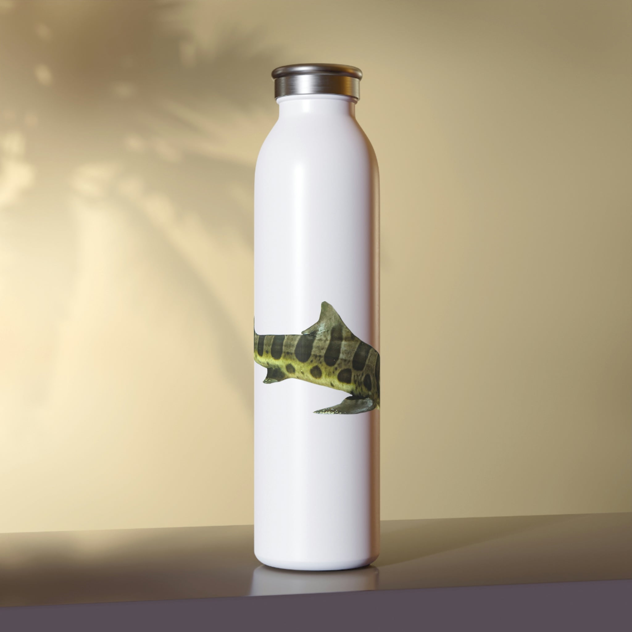 Shark Slim Water Bottle with a matte finish and stylish lid, showcasing its customizable design and double-wall stainless steel construction.