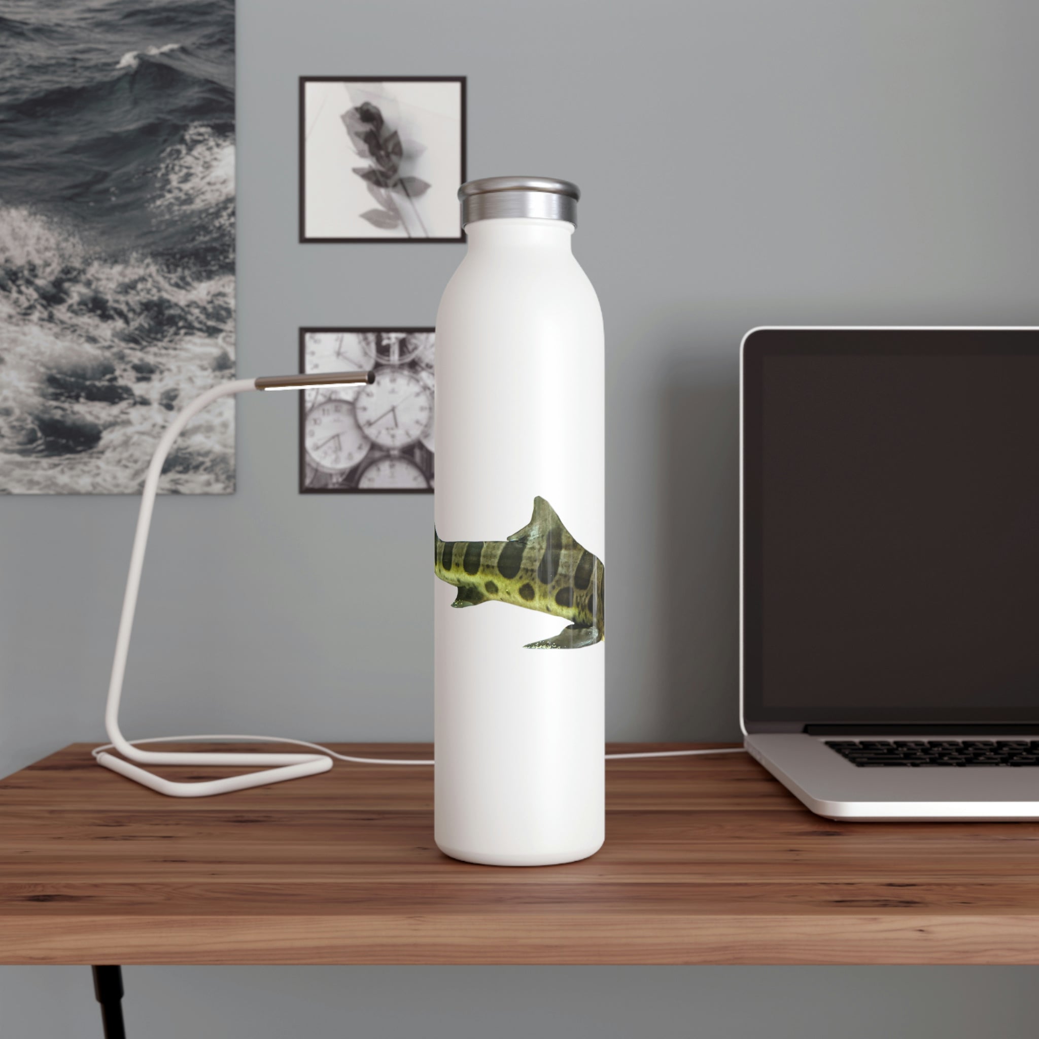 Shark Slim Water Bottle with a matte finish and stylish lid, showcasing its customizable design and double-wall stainless steel construction.