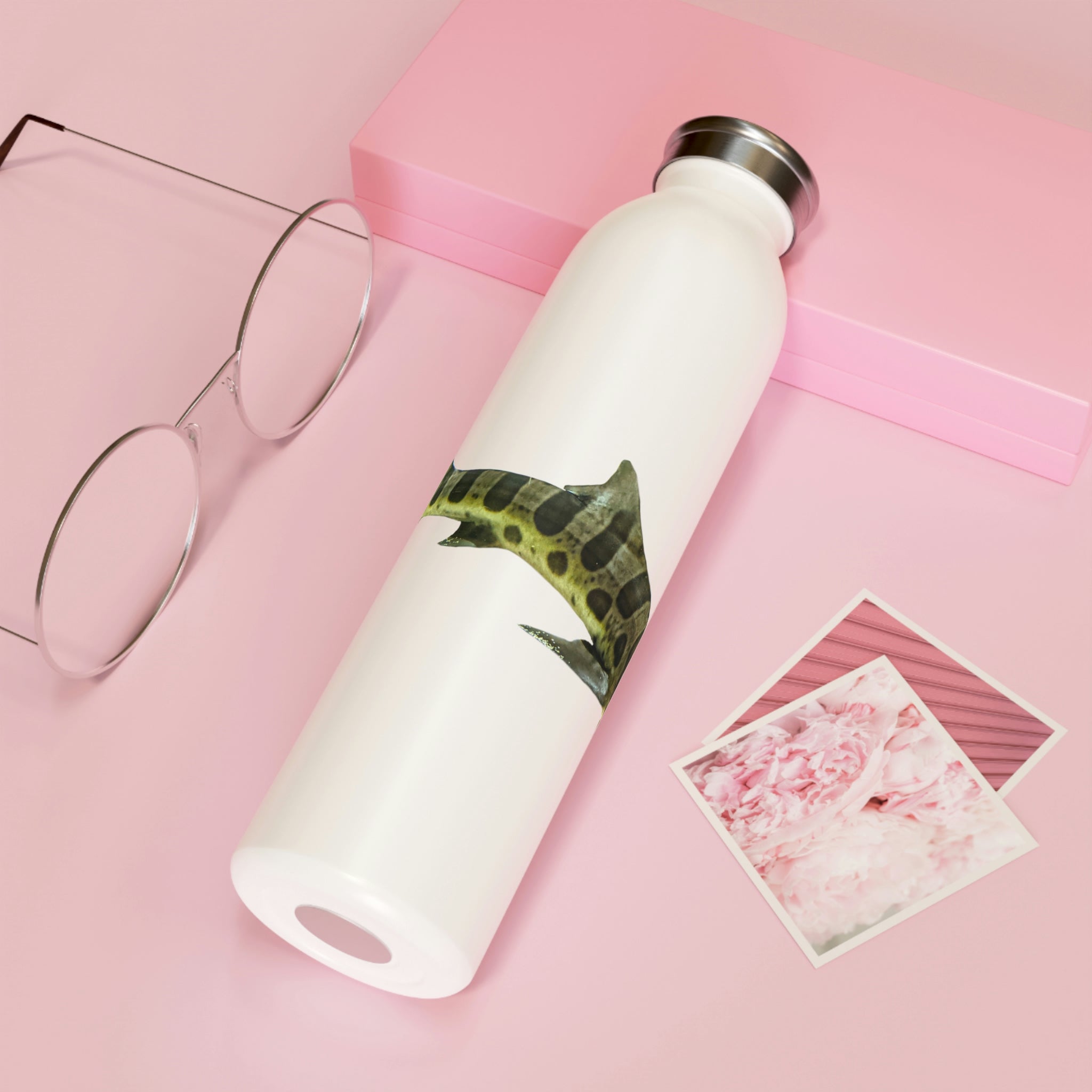 Shark Slim Water Bottle with a matte finish and stylish lid, showcasing its customizable design and double-wall stainless steel construction.