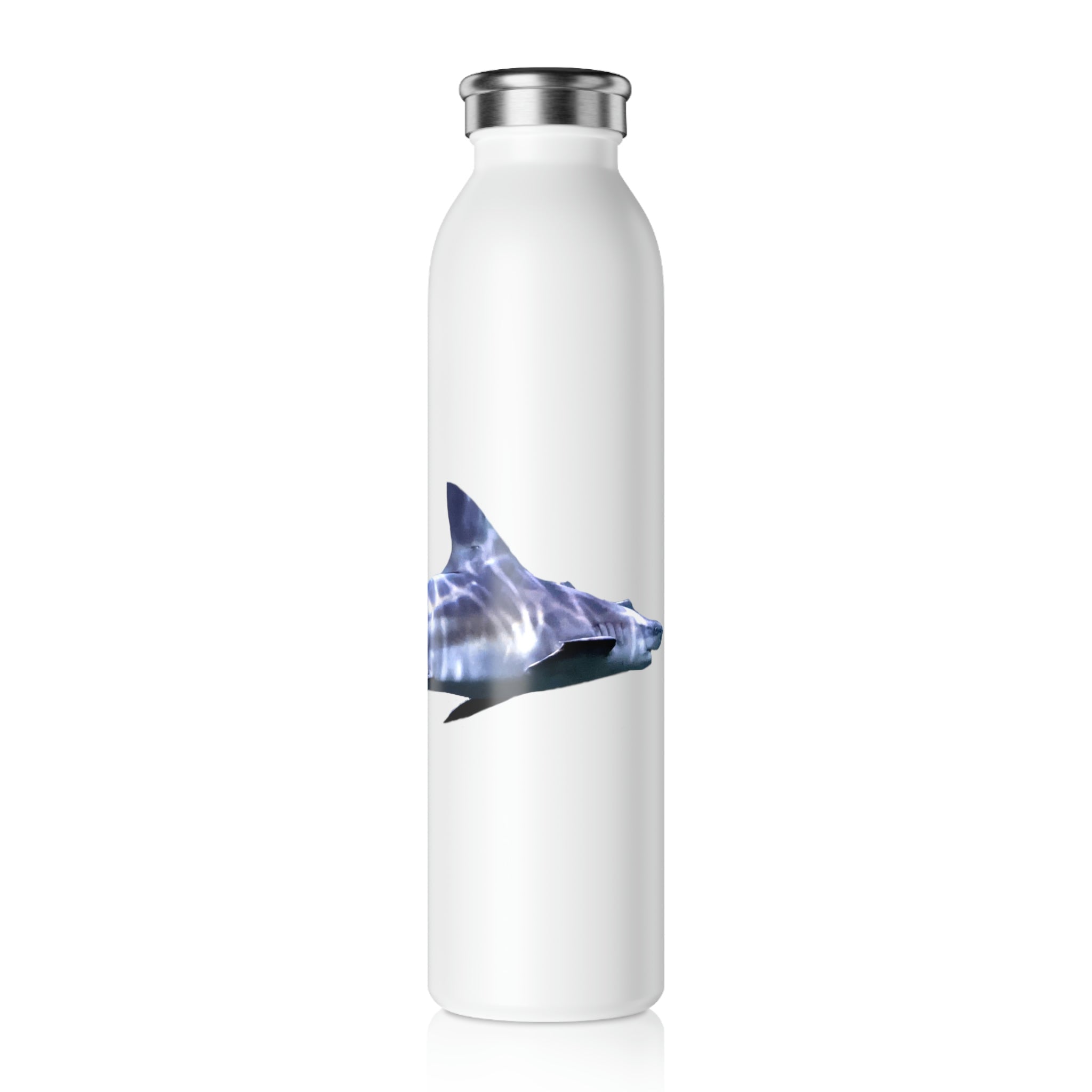 Shark Slim Water Bottle with a matte finish, showcasing a stylish design and customizable features, perfect for hot and cold beverages.