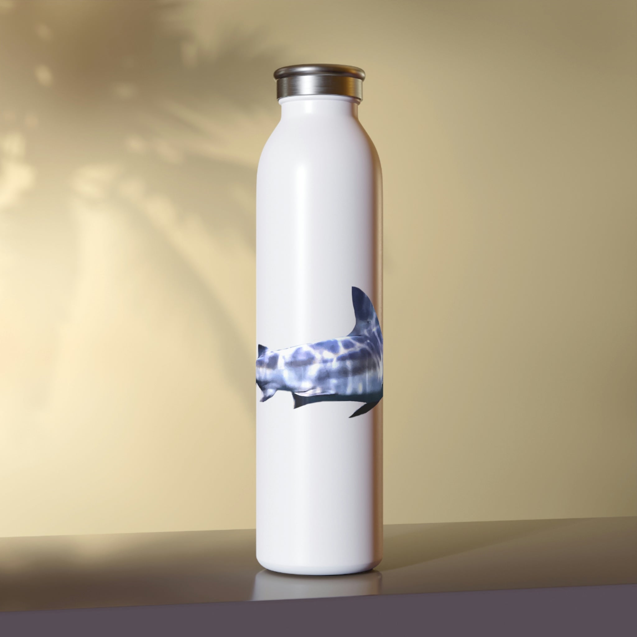 Shark Slim Water Bottle with a matte finish, showcasing a stylish design and customizable features, perfect for hot and cold beverages.