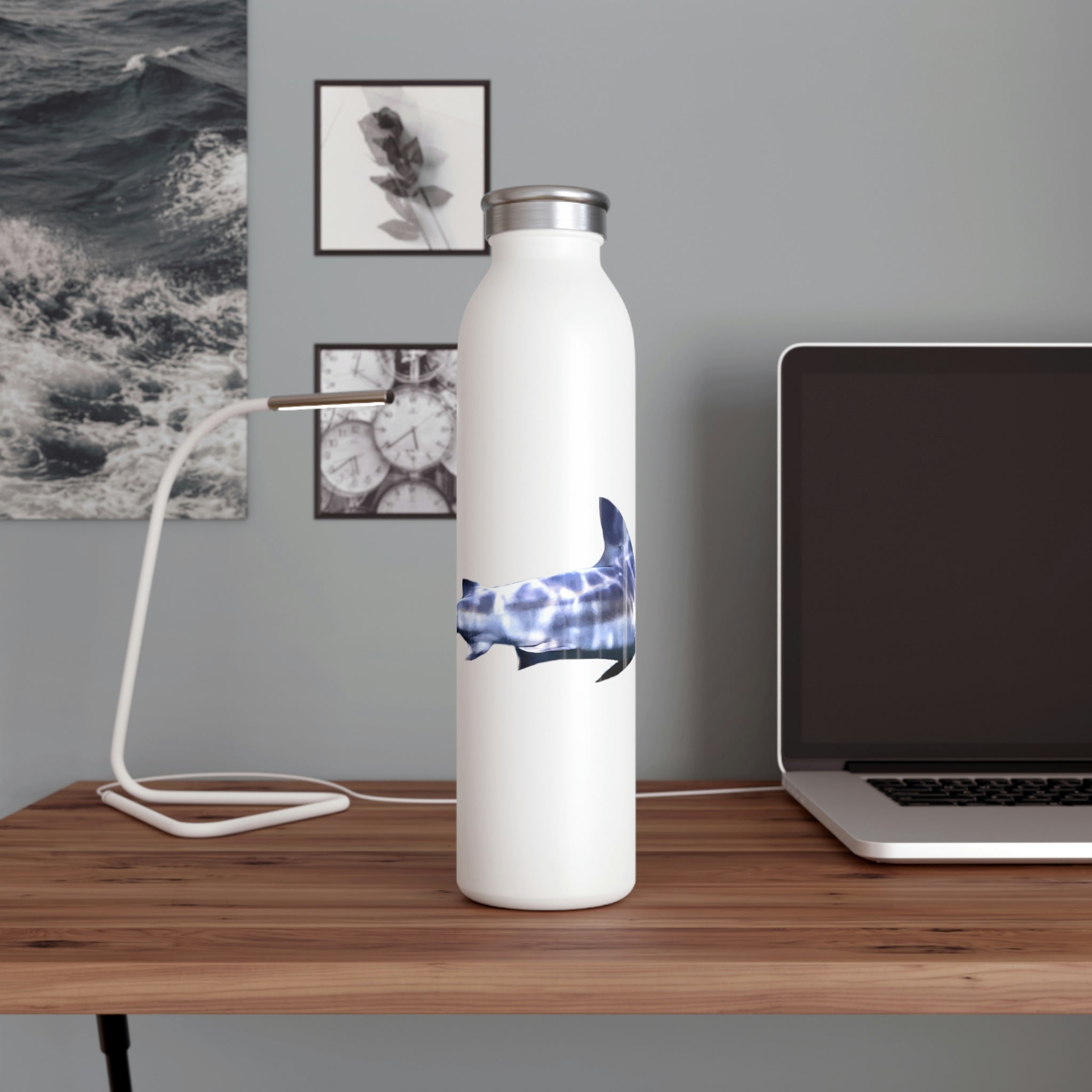 Shark Slim Water Bottle with a matte finish, showcasing a stylish design and customizable features, perfect for hot and cold beverages.