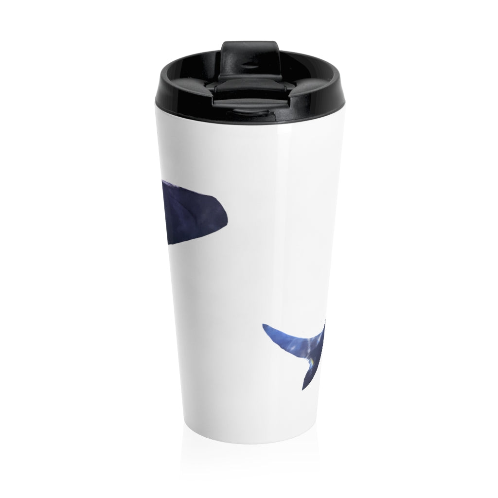 Shark Stainless Steel Travel Mug with black lid, showcasing its sleek design and vibrant sublimation print.