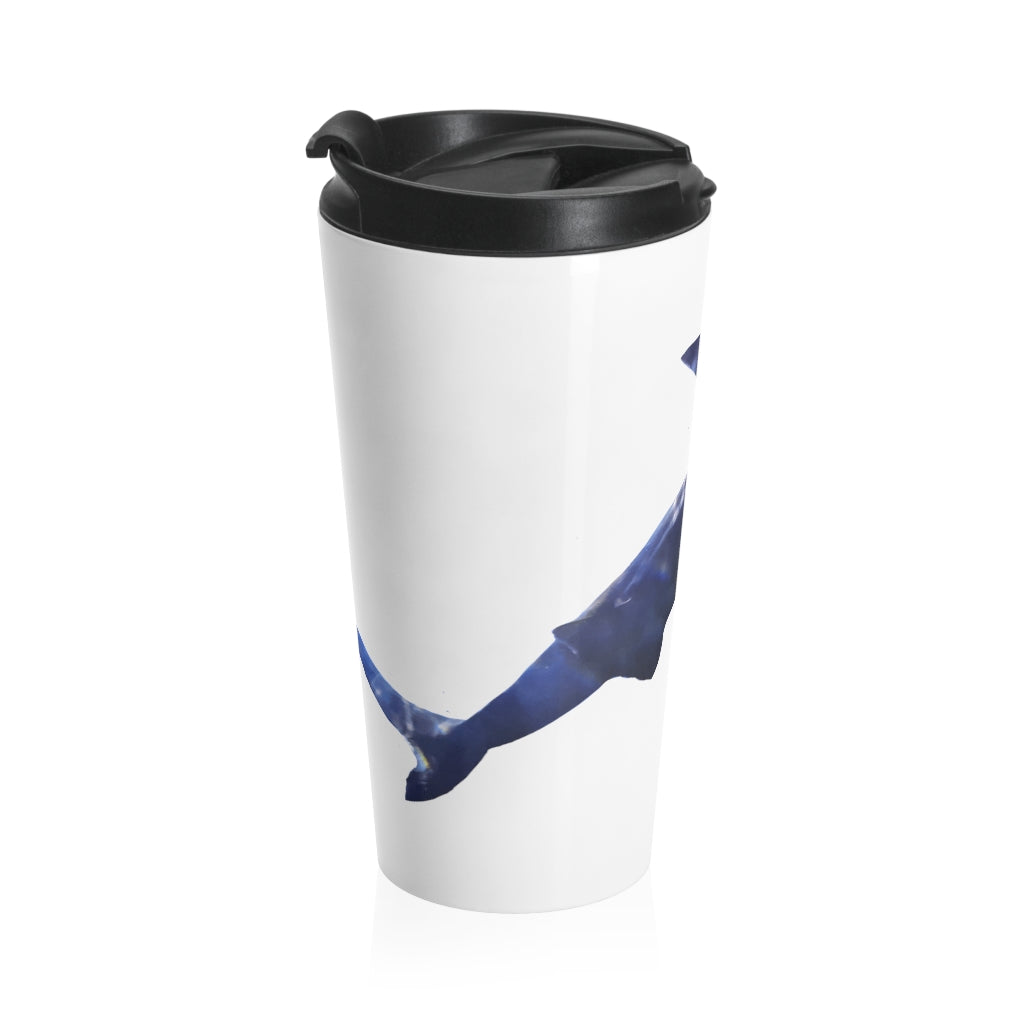 Shark Stainless Steel Travel Mug with black lid, showcasing its sleek design and vibrant sublimation print.