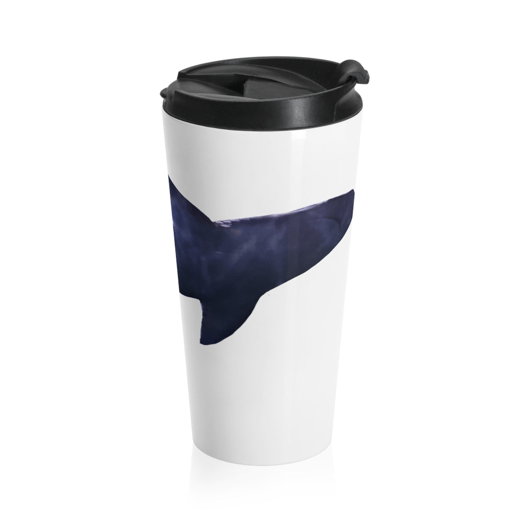 Shark Stainless Steel Travel Mug with black lid, showcasing its sleek design and vibrant sublimation print.