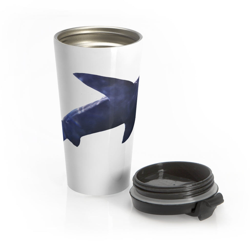 Shark Stainless Steel Travel Mug with black lid, showcasing its sleek design and vibrant sublimation print.