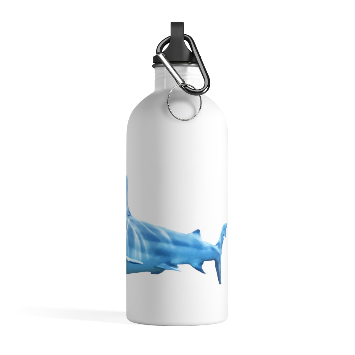 Shark Stainless Steel Water Bottle with a plastic screw top and carabiner, showcasing its sleek design and practical features.