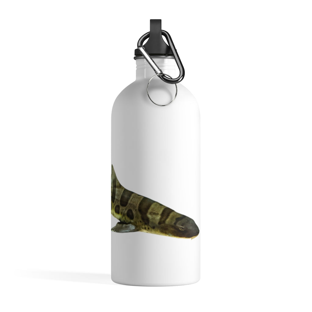 Shark Stainless Steel Water Bottle with a plastic screw top and carabiner, showcasing its sleek design and quality print.