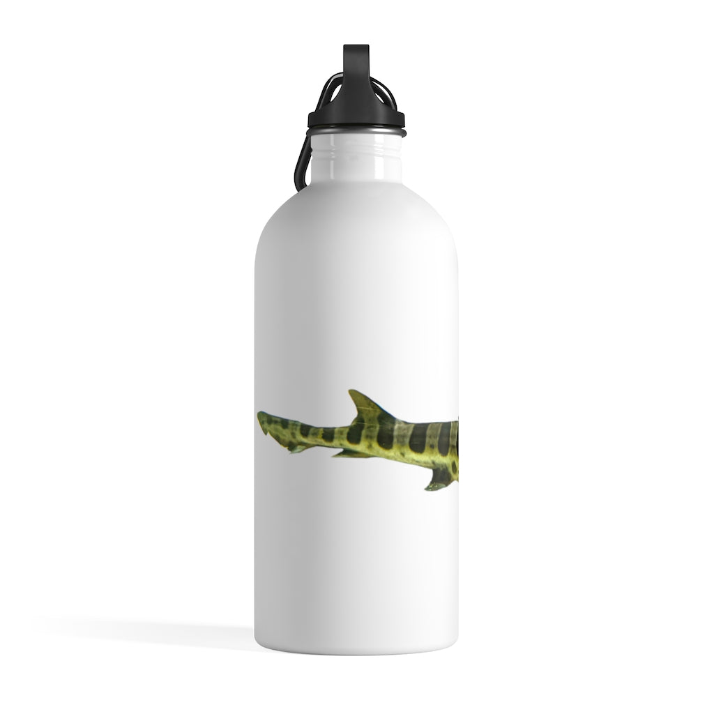 Shark Stainless Steel Water Bottle with a plastic screw top and carabiner, showcasing its sleek design and quality print.