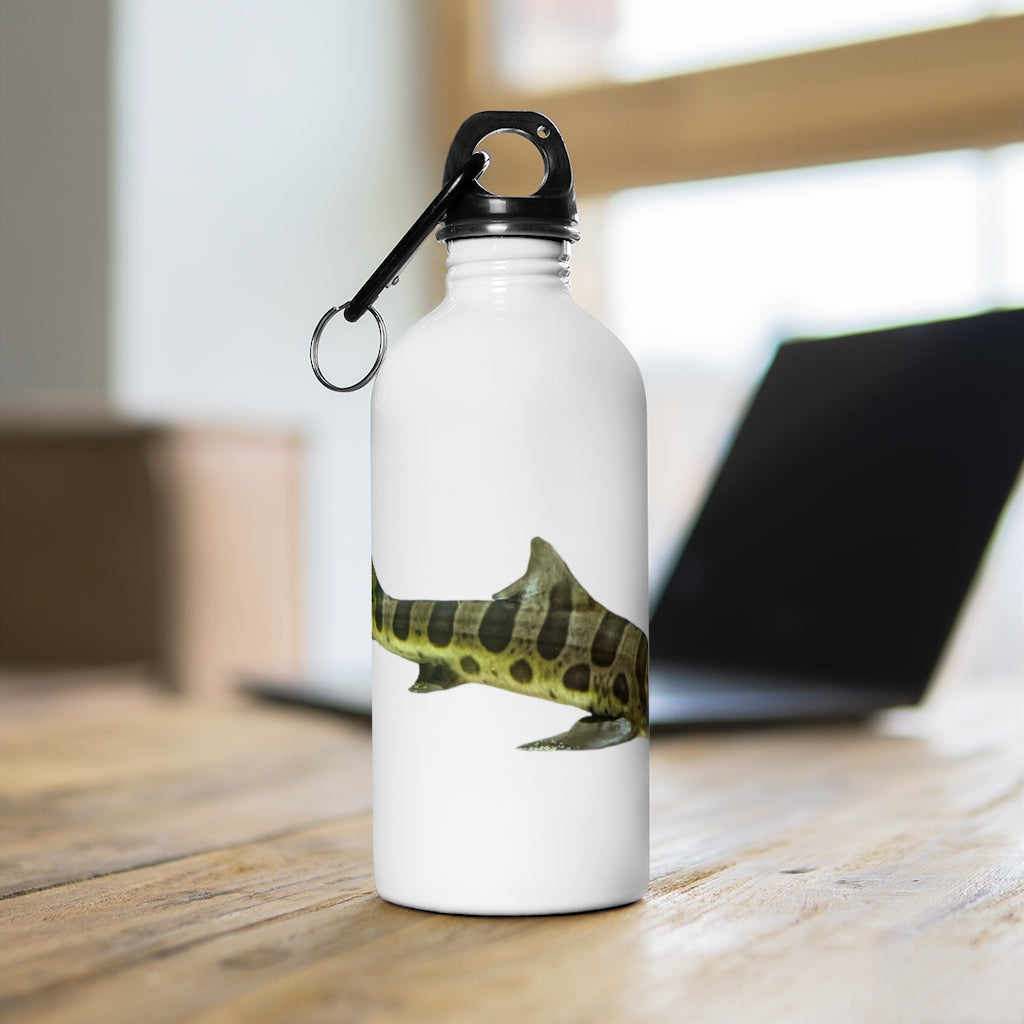 Shark Stainless Steel Water Bottle with a plastic screw top and carabiner, showcasing its sleek design and quality print.