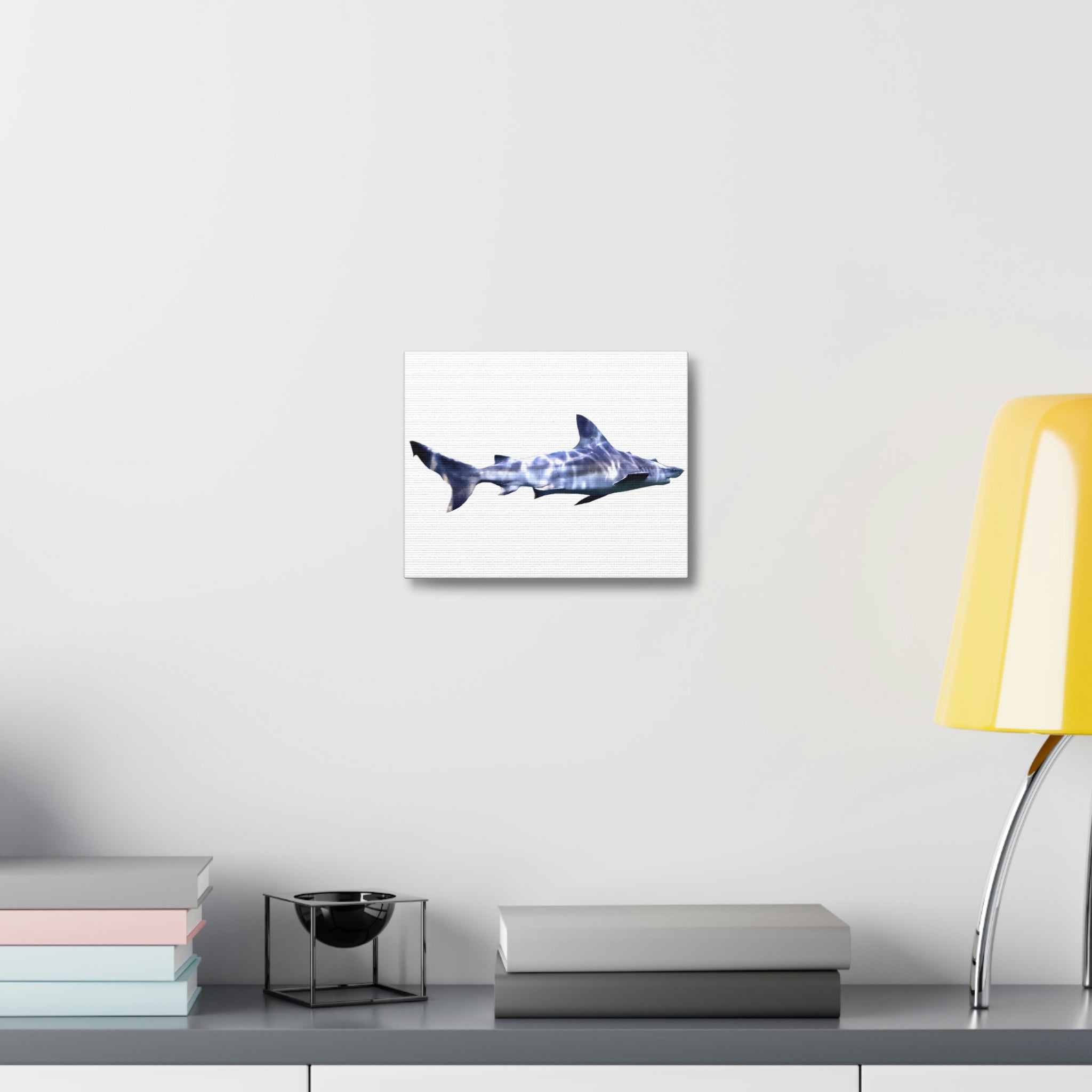 A vibrant Shark Stretched Canvas artwork, showcasing high-quality printing on a durable wooden frame, perfect for indoor decoration.