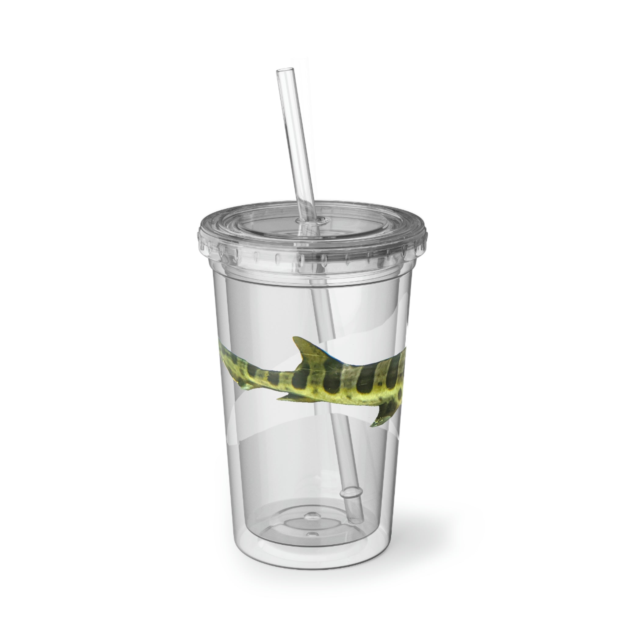 Shark Suave Acrylic Cup in stainless steel with a black plastic straw, showcasing a sleek design and vibrant custom print.