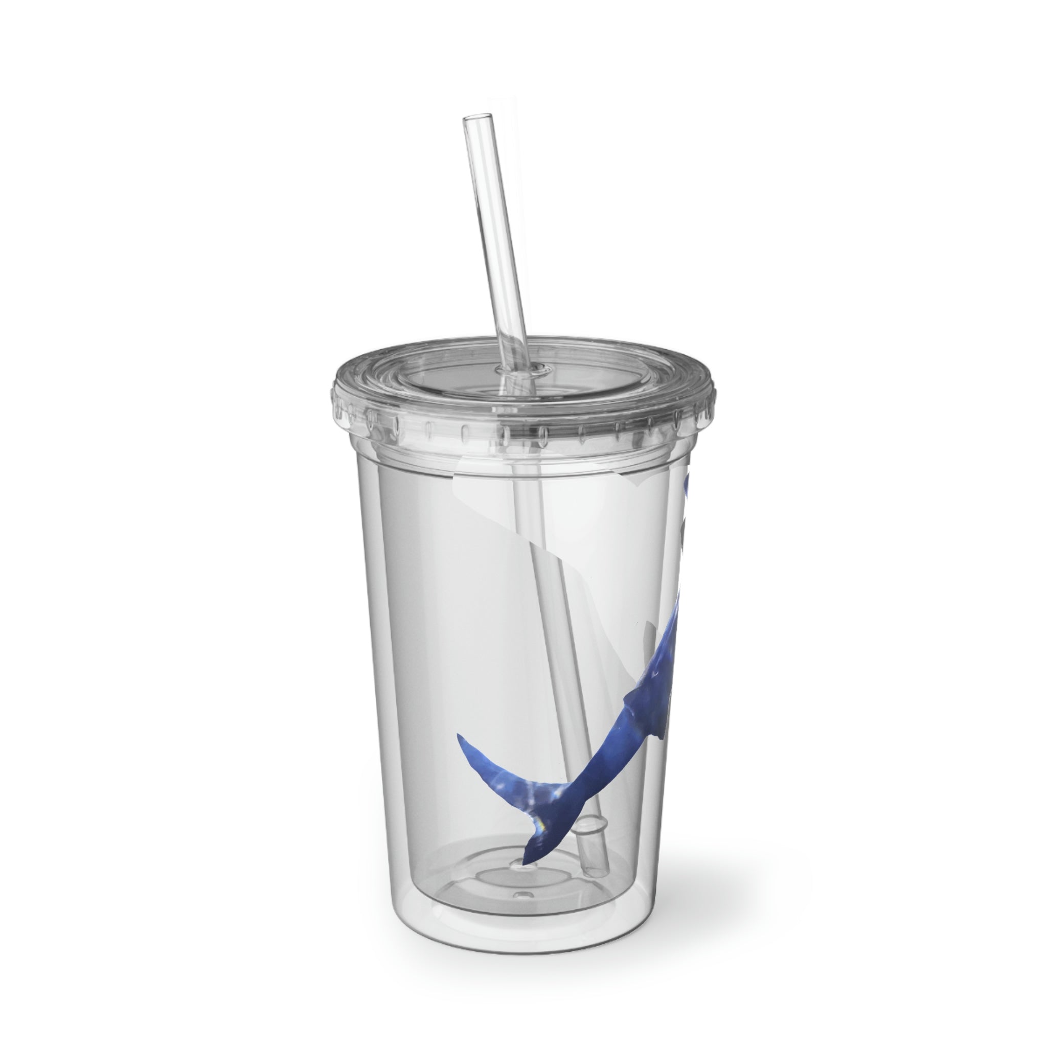 Shark Suave Acrylic Cup with vibrant artwork, double-wall insulation, and a straw, ideal for hot and cold beverages.