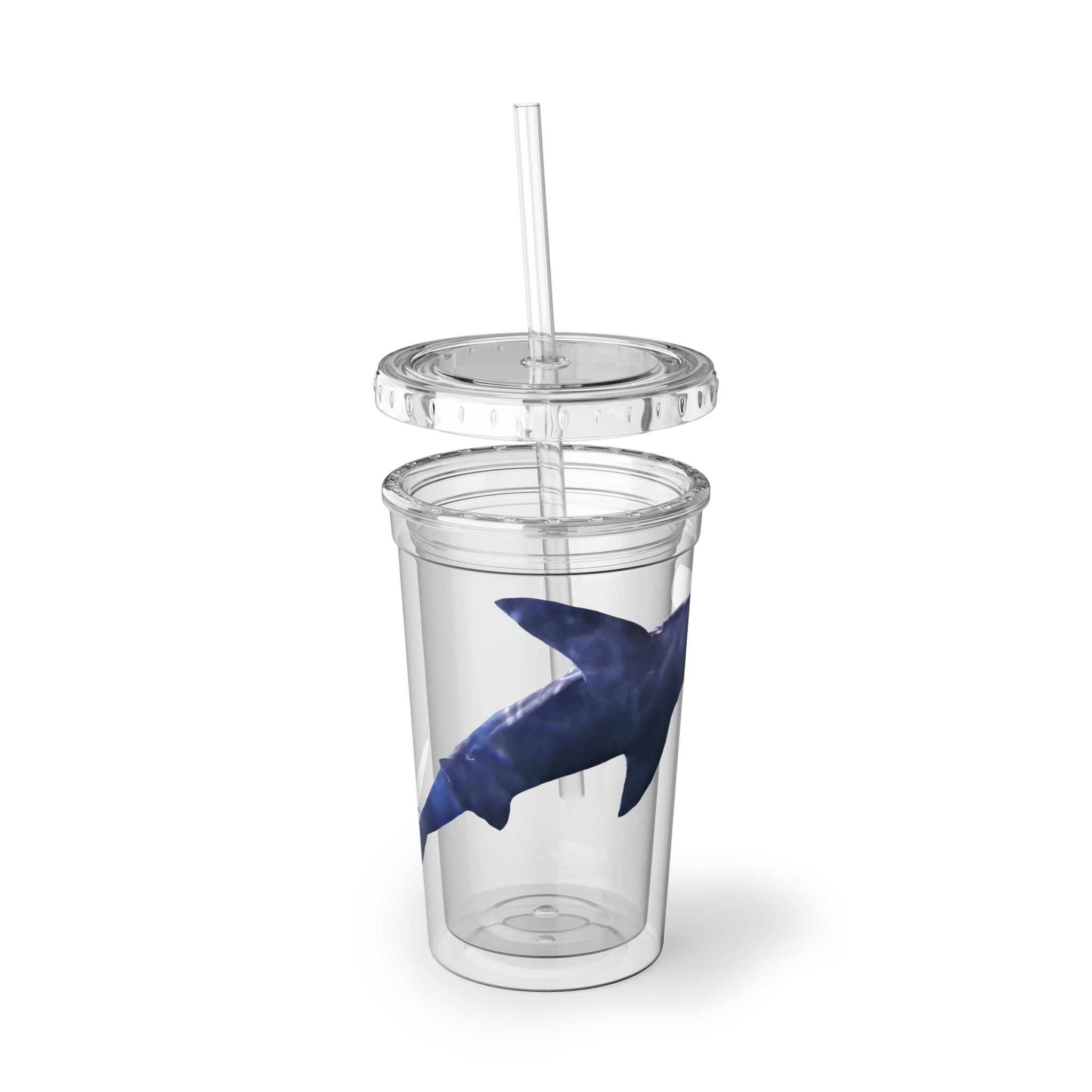 Shark Suave Acrylic Cup with vibrant artwork, double-wall insulation, and a straw, ideal for hot and cold beverages.