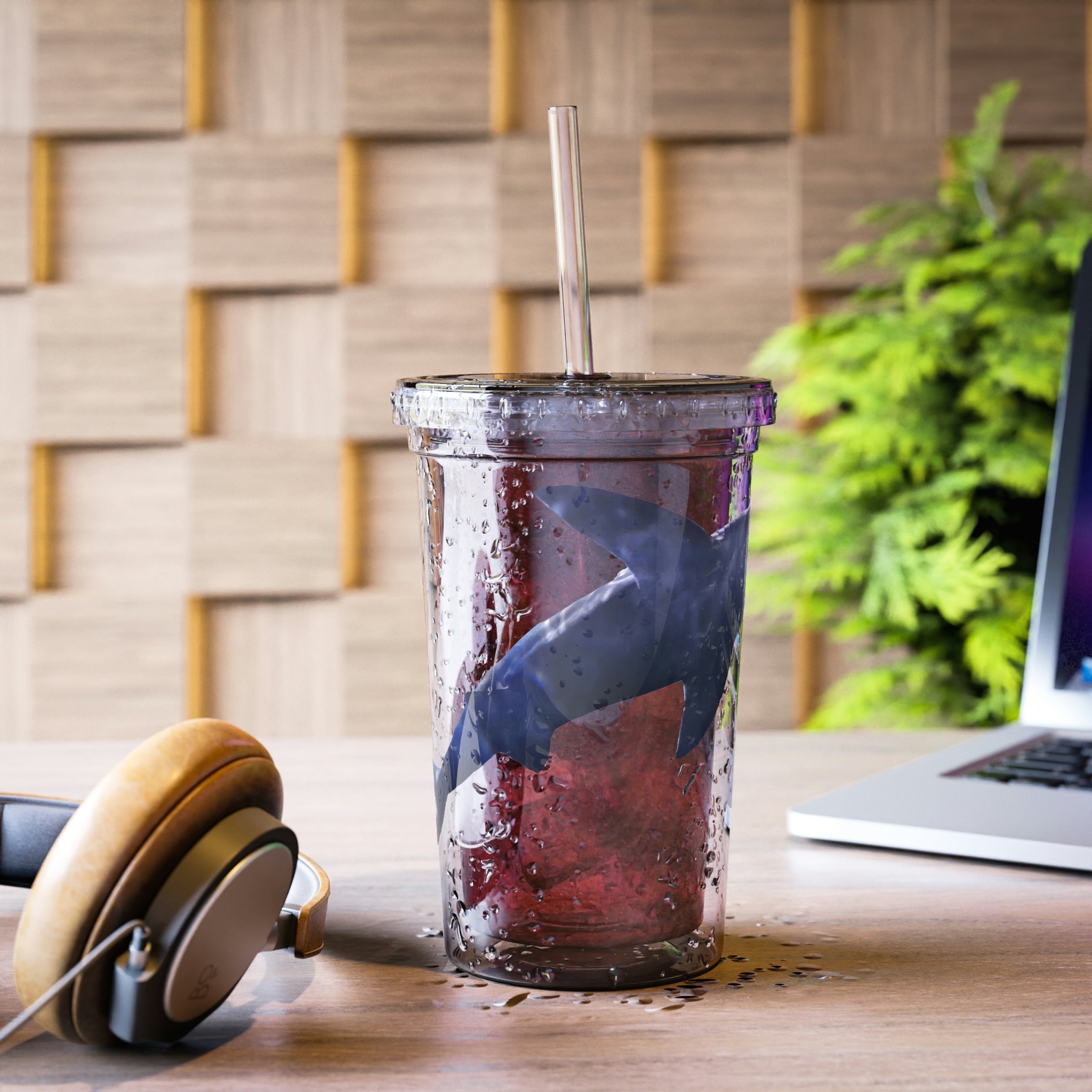 Shark Suave Acrylic Cup with vibrant artwork, double-wall insulation, and a straw, ideal for hot and cold beverages.