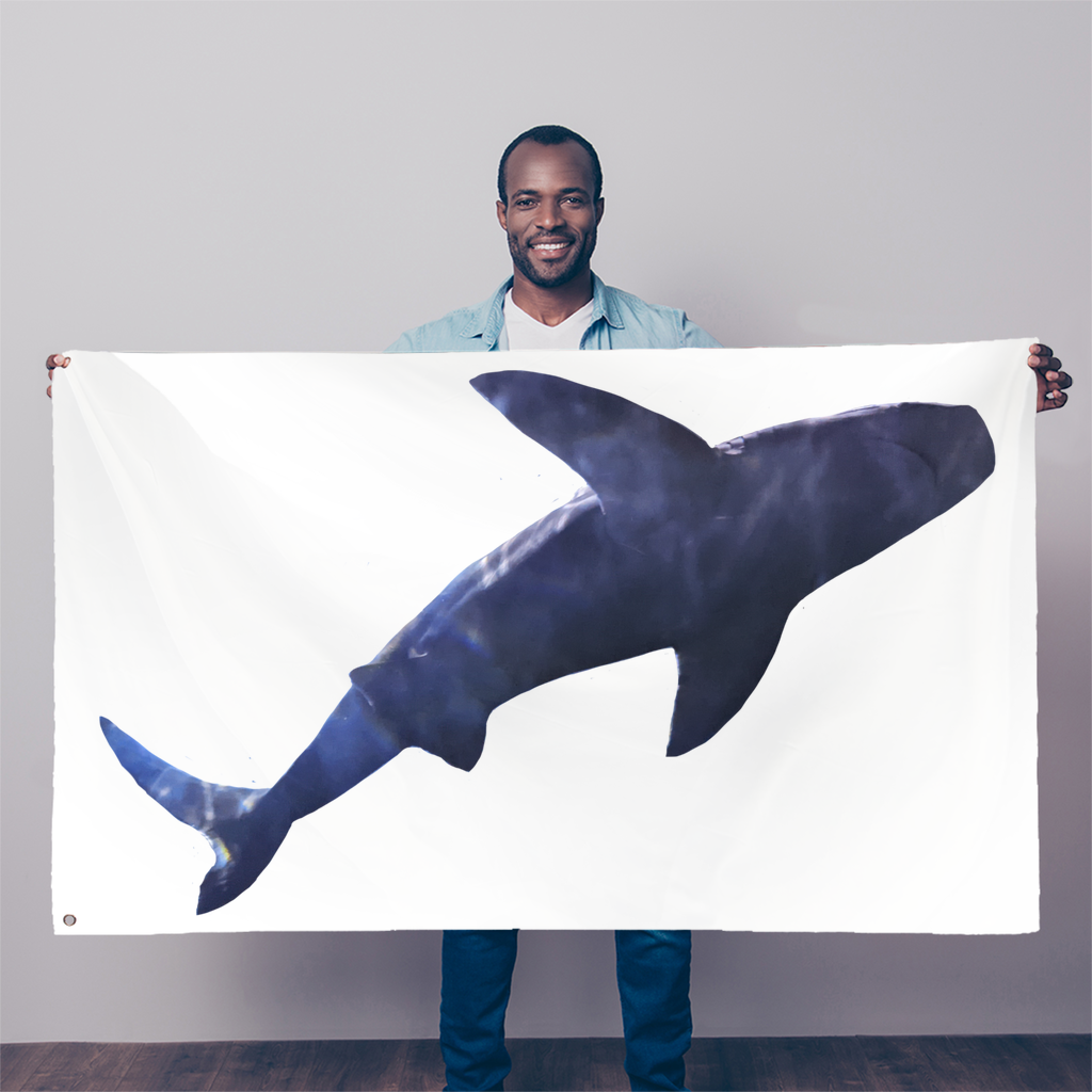 A vibrant Shark Sublimation Flag measuring 5FT x 3FT, made of durable polyester fabric with a striking shark design.