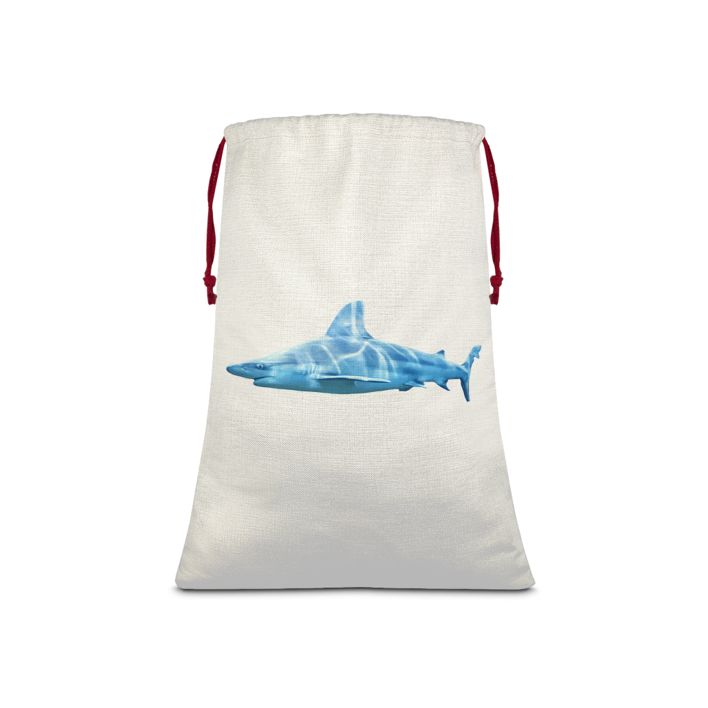 Shark Sublimation Linen Drawstring Sack with red drawstring, showcasing eco-friendly printing and linen texture.