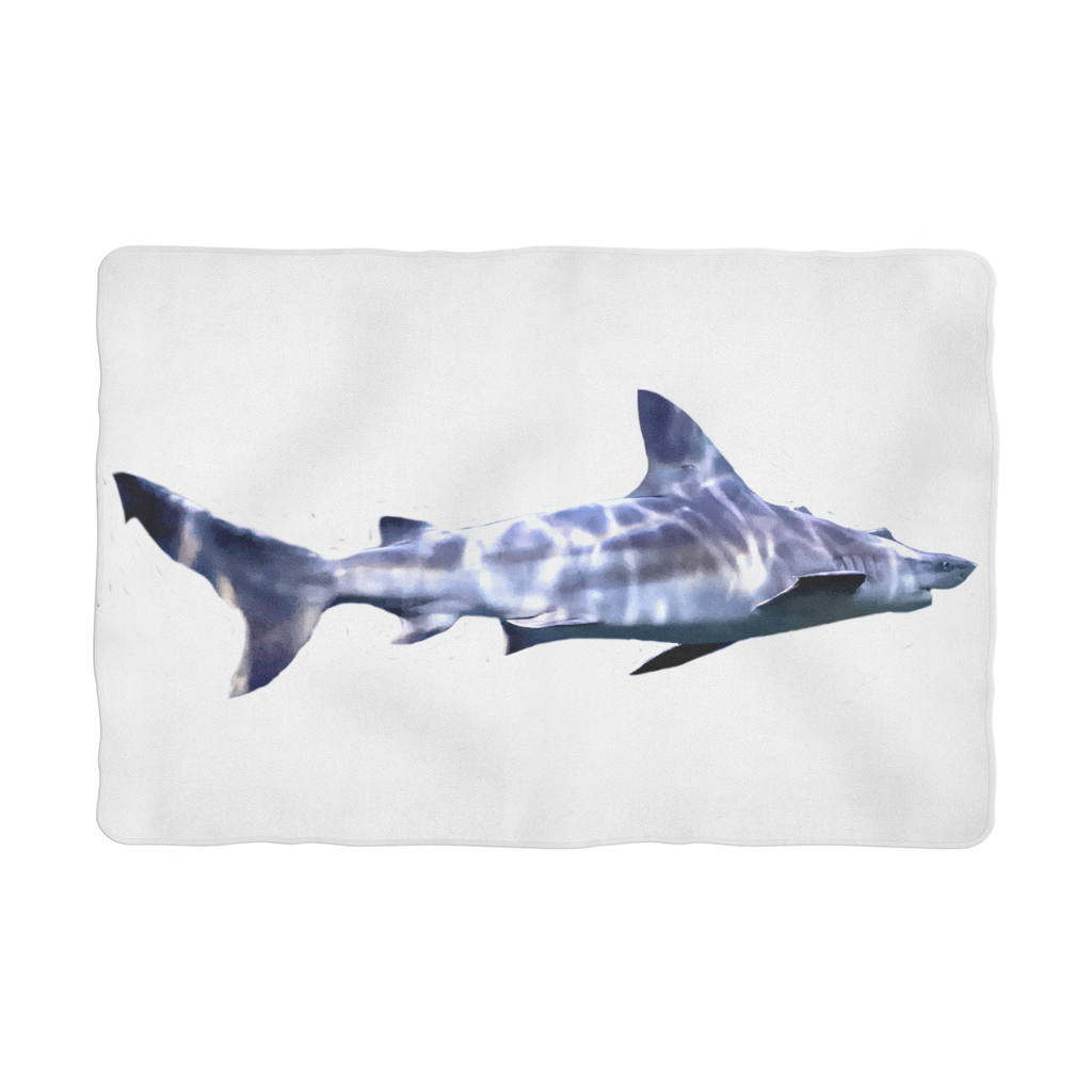 Shark Sublimation Pet Blanket made of 100% polyester polar fleece, featuring a fun shark print and a white back, perfect for pet comfort.