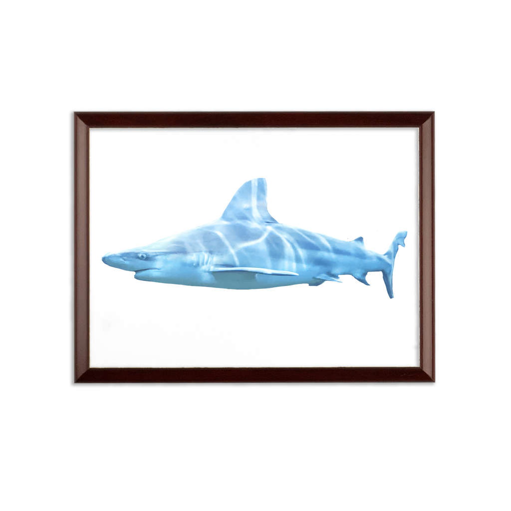 A Shark Sublimation Wall Plaque featuring a brown wooden frame with a white printable surface, showcasing customizable designs.