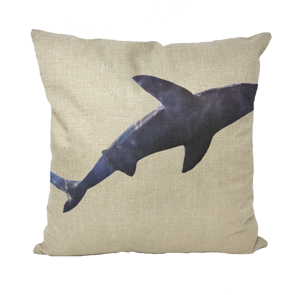 A collection of Shark Throw Pillows in various styles including linen, canvas, and suede, showcasing vibrant shark designs.