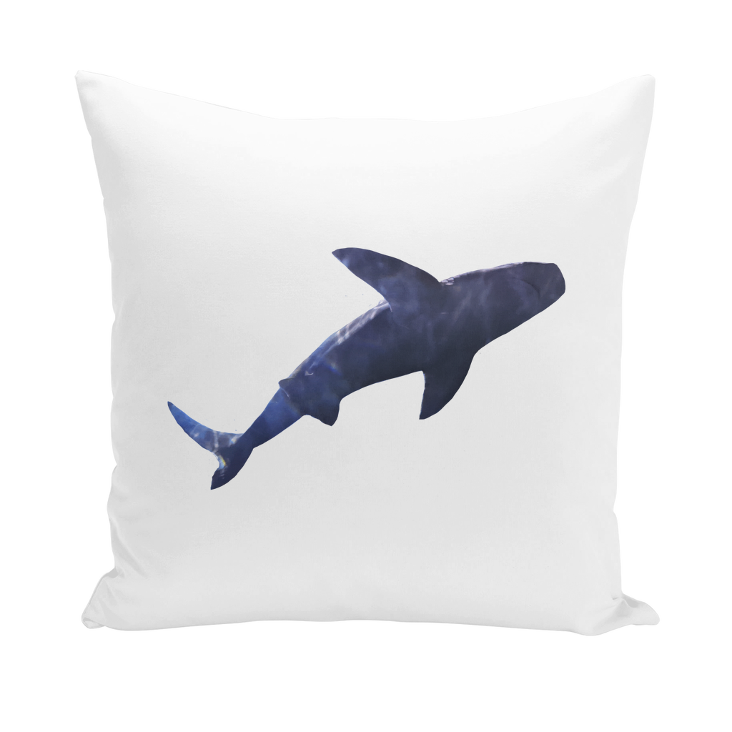 A collection of Shark Throw Pillows in various styles including linen, canvas, and suede, showcasing vibrant shark designs.