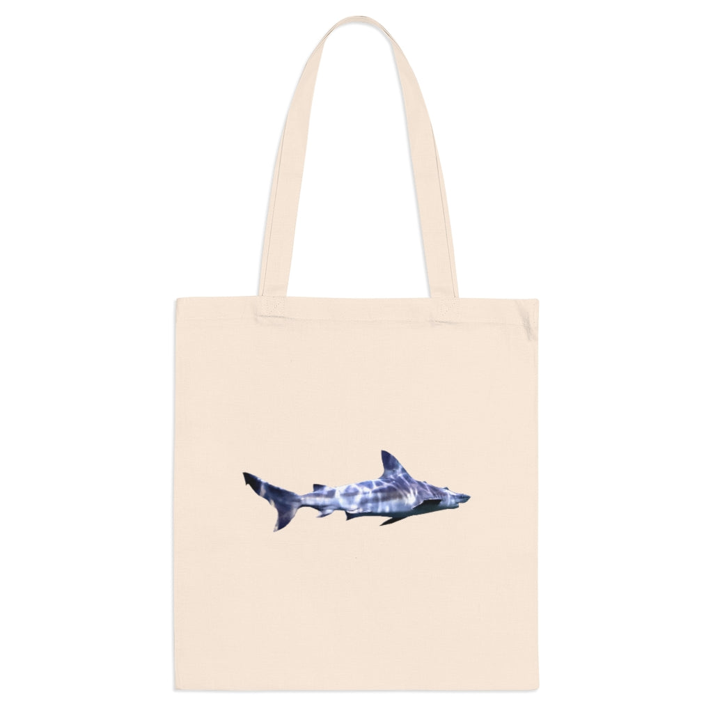 A stylish Shark Tote Bag made of 100% cotton with long handles and cross stitching, available in various colors.