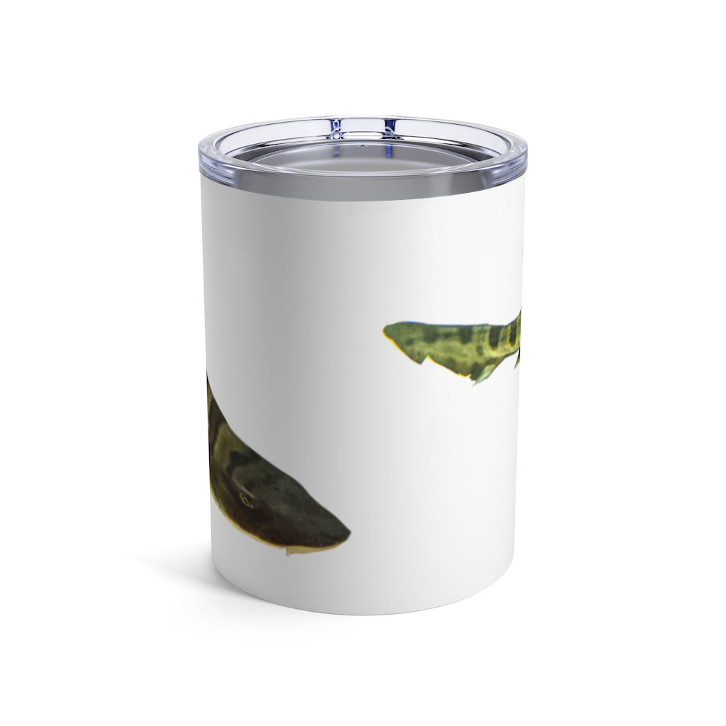 Shark Tumbler 10oz in stainless steel with a see-thru plastic lid, showcasing its sleek design and rounded corners.