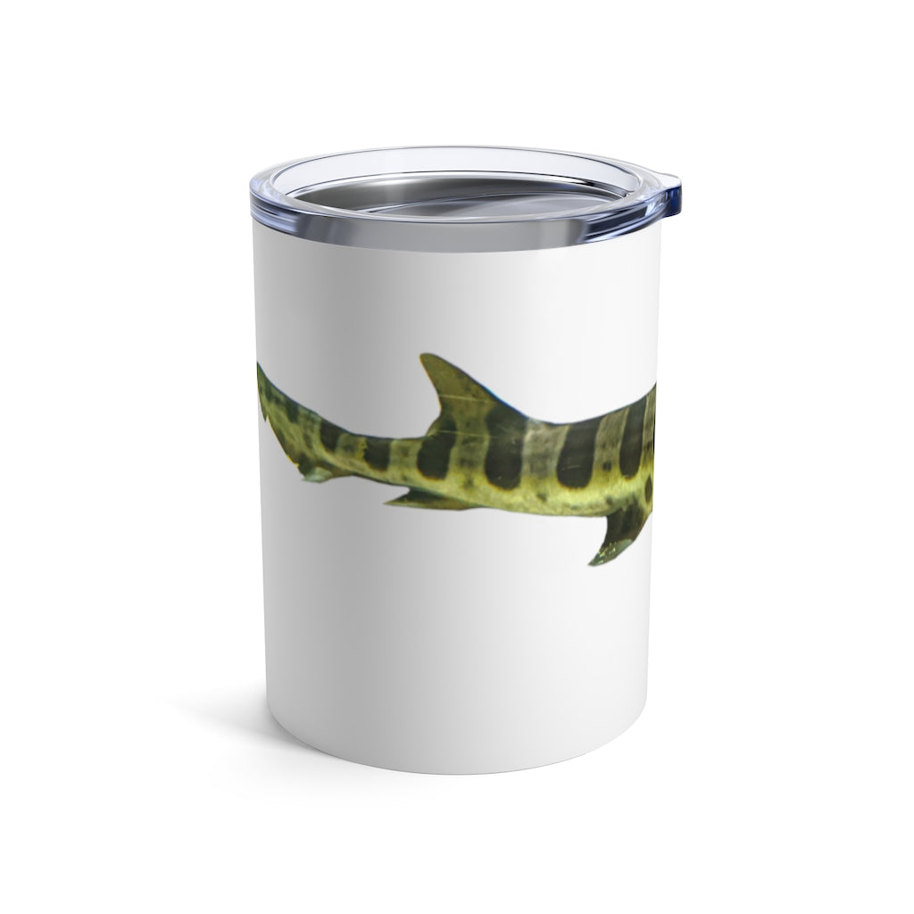 Shark Tumbler 10oz in stainless steel with a see-thru plastic lid, showcasing its sleek design and rounded corners.