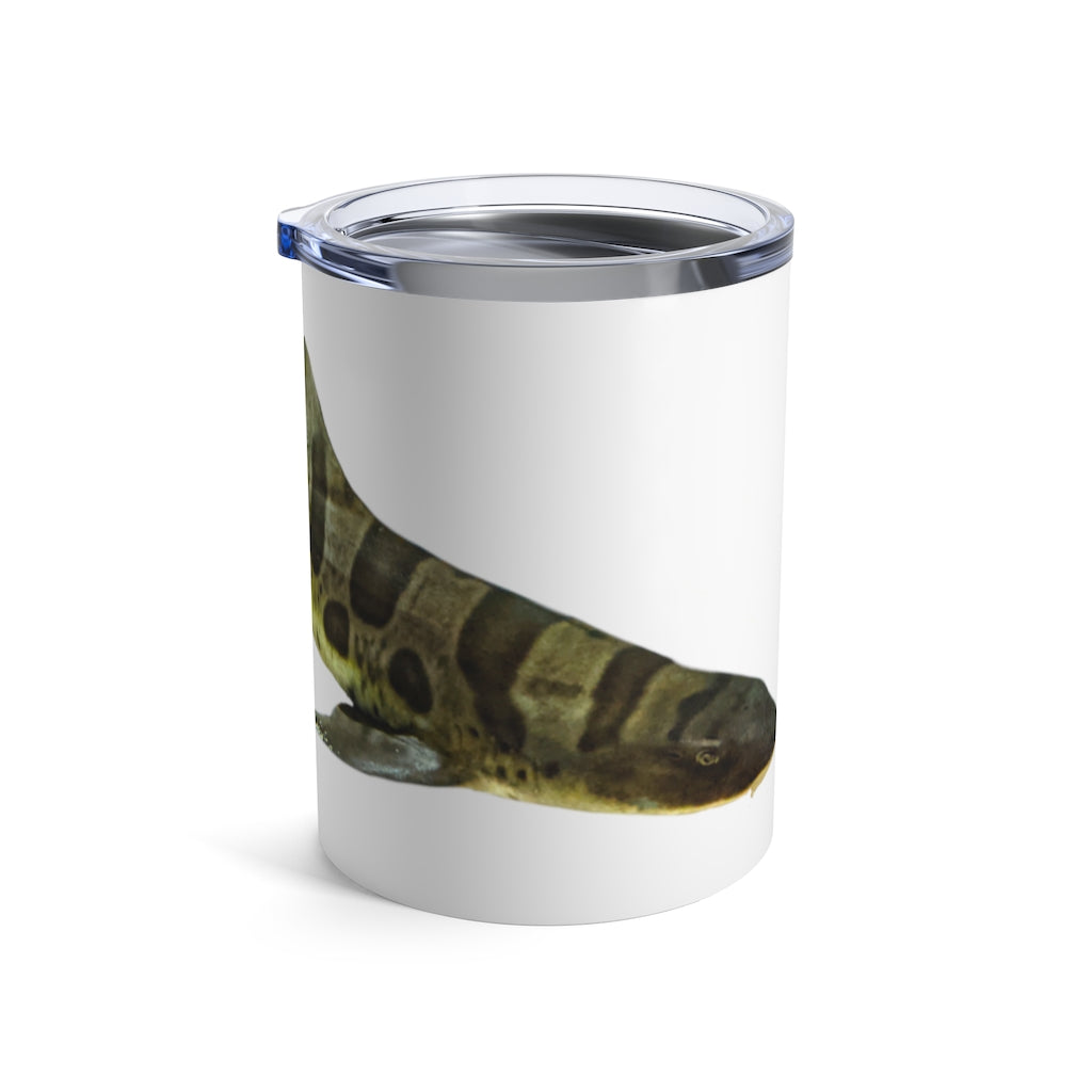 Shark Tumbler 10oz in stainless steel with a see-thru plastic lid, showcasing its sleek design and rounded corners.