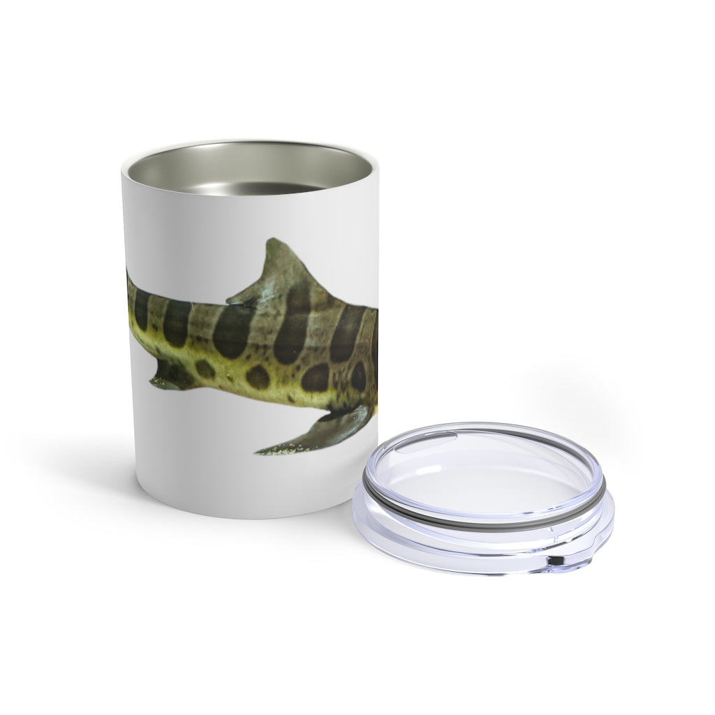 Shark Tumbler 10oz in stainless steel with a see-thru plastic lid, showcasing its sleek design and rounded corners.