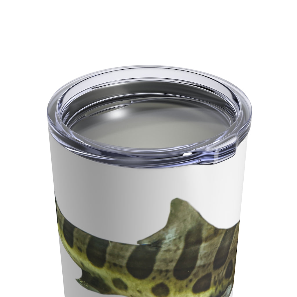 Shark Tumbler 10oz in stainless steel with a see-thru plastic lid, showcasing its sleek design and rounded corners.