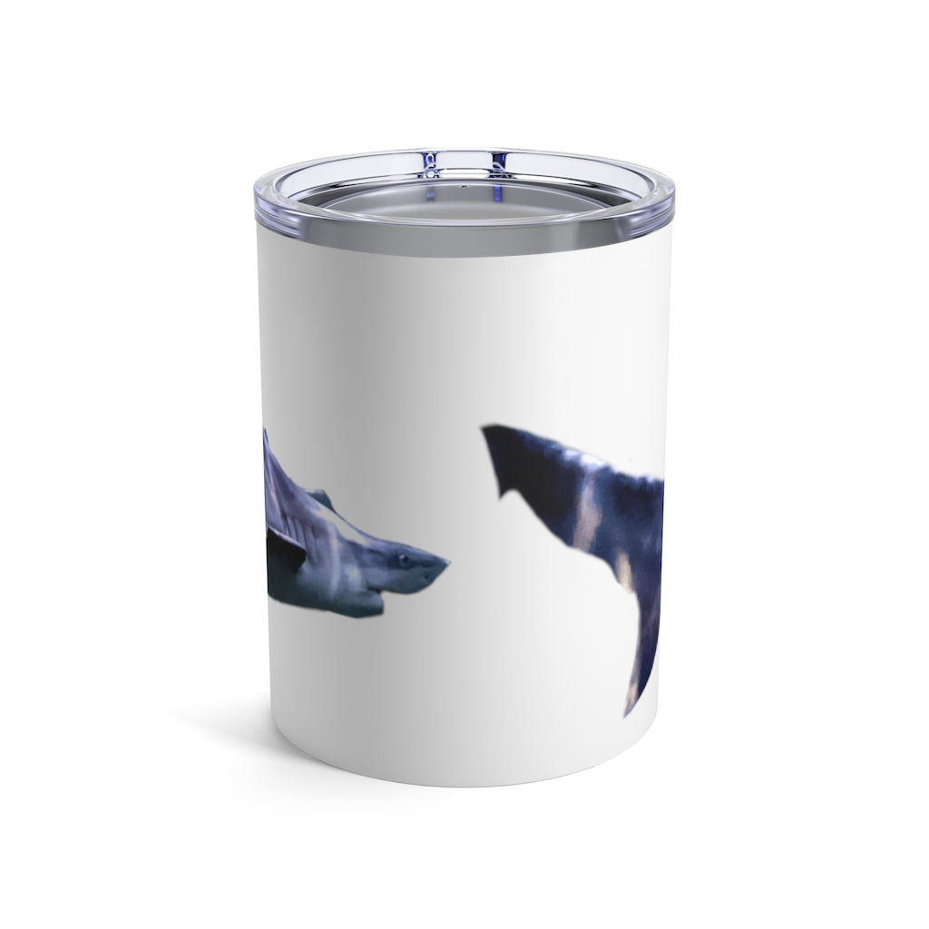 Shark Tumbler 10oz in stainless steel with a see-thru plastic lid, showcasing its sleek design and compact size.