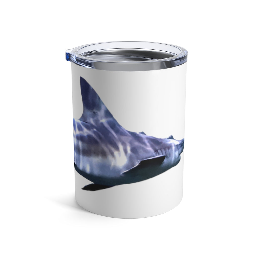 Shark Tumbler 10oz in stainless steel with a see-thru plastic lid, showcasing its sleek design and compact size.