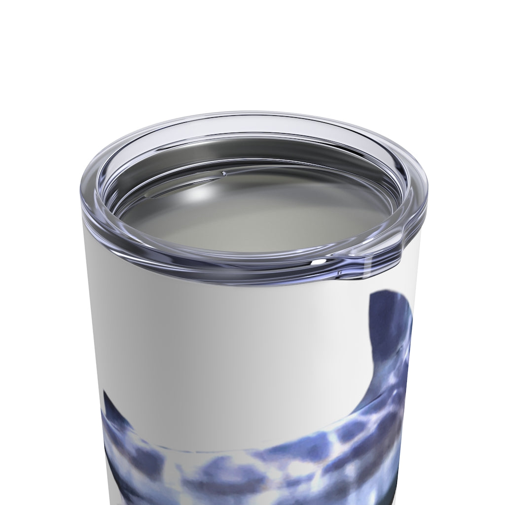 Shark Tumbler 10oz in stainless steel with a see-thru plastic lid, showcasing its sleek design and compact size.