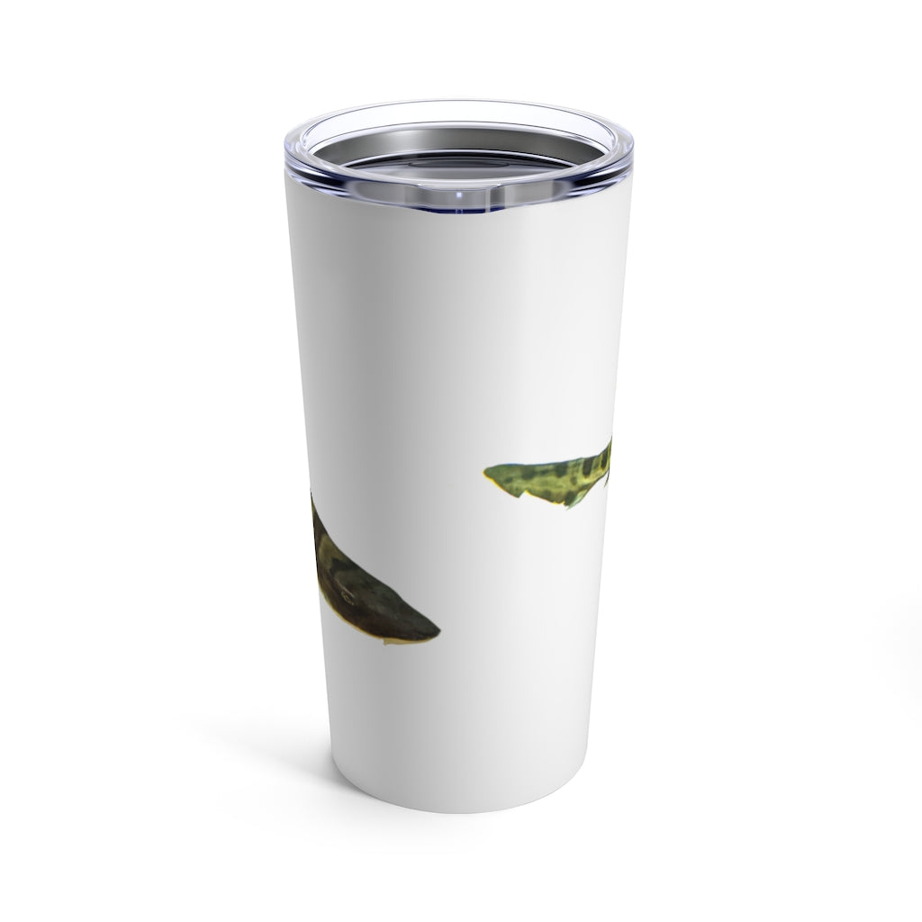 A sleek stainless steel Shark Tumbler 20oz with a see-thru plastic lid, showcasing its rounded corners and stylish design.