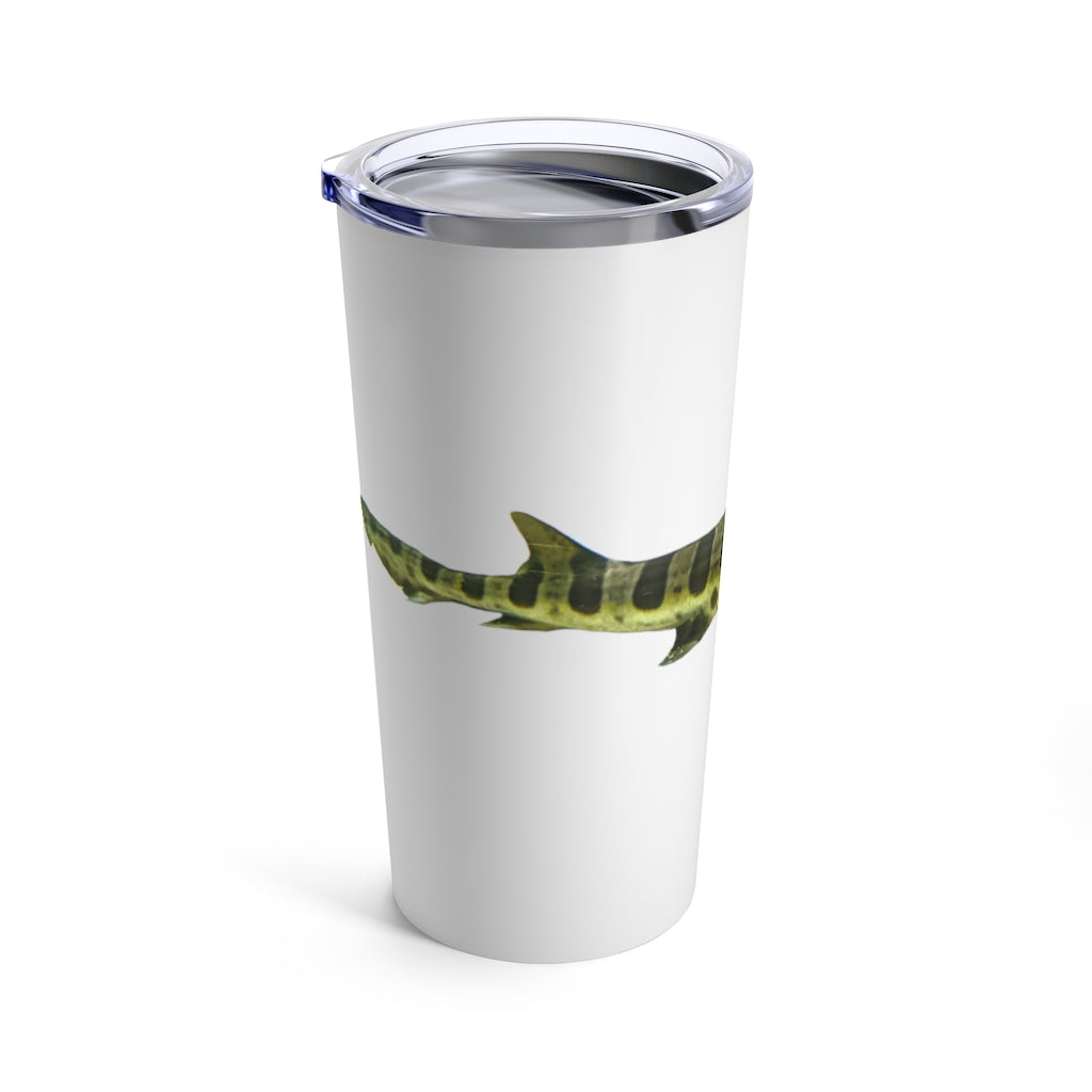 A sleek stainless steel Shark Tumbler 20oz with a see-thru plastic lid, showcasing its rounded corners and stylish design.