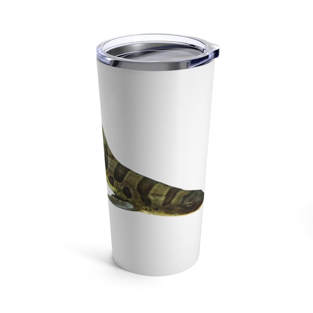 A sleek stainless steel Shark Tumbler 20oz with a see-thru plastic lid, showcasing its rounded corners and stylish design.