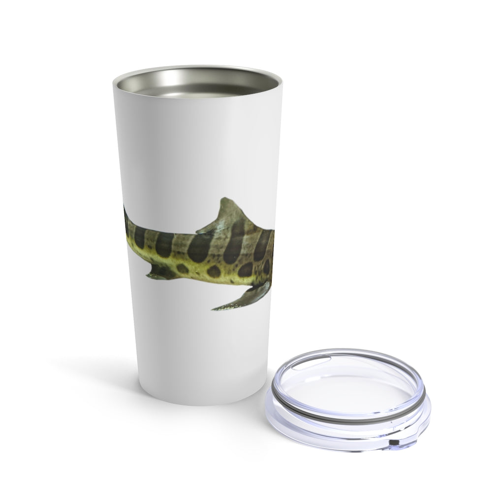 A sleek stainless steel Shark Tumbler 20oz with a see-thru plastic lid, showcasing its rounded corners and stylish design.