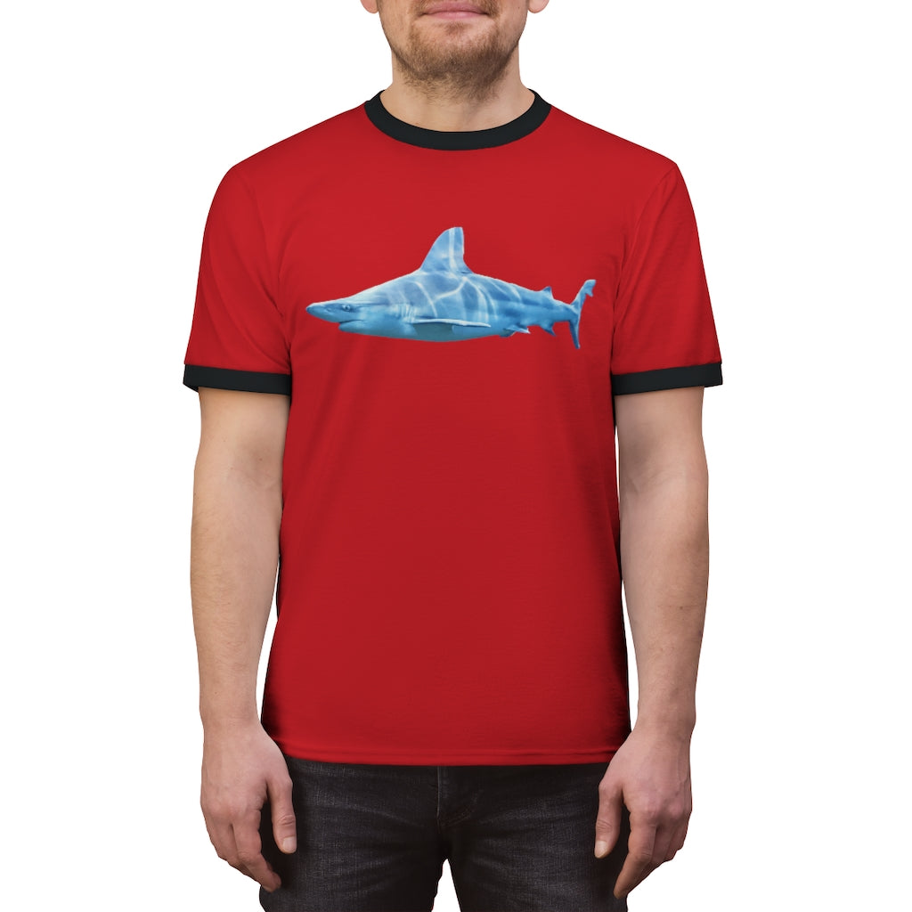 Shark Unisex Ringer Tee in various colors, showcasing its lightweight fabric and stylish design.