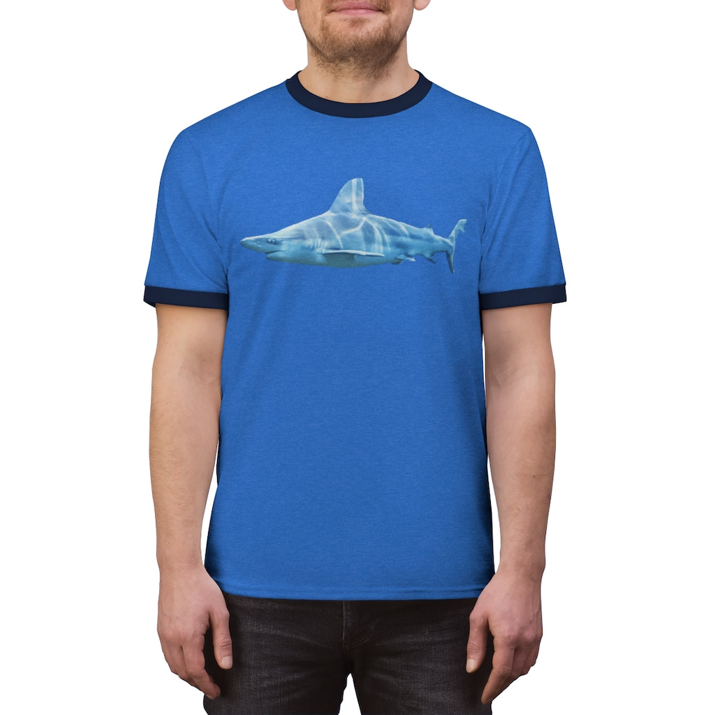 Shark Unisex Ringer Tee in various colors, showcasing its lightweight fabric and stylish design.