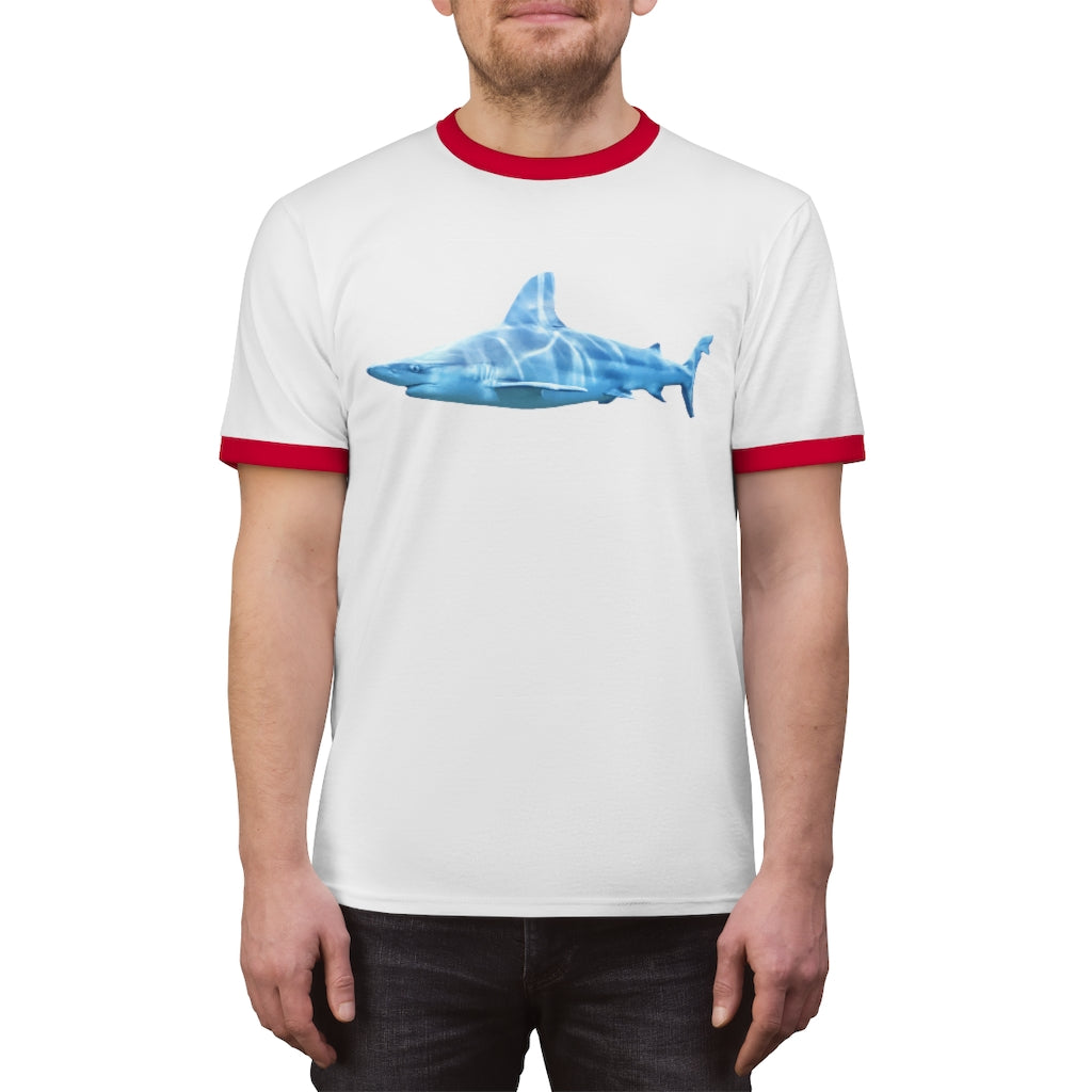 Shark Unisex Ringer Tee in various colors, showcasing its lightweight fabric and stylish design.