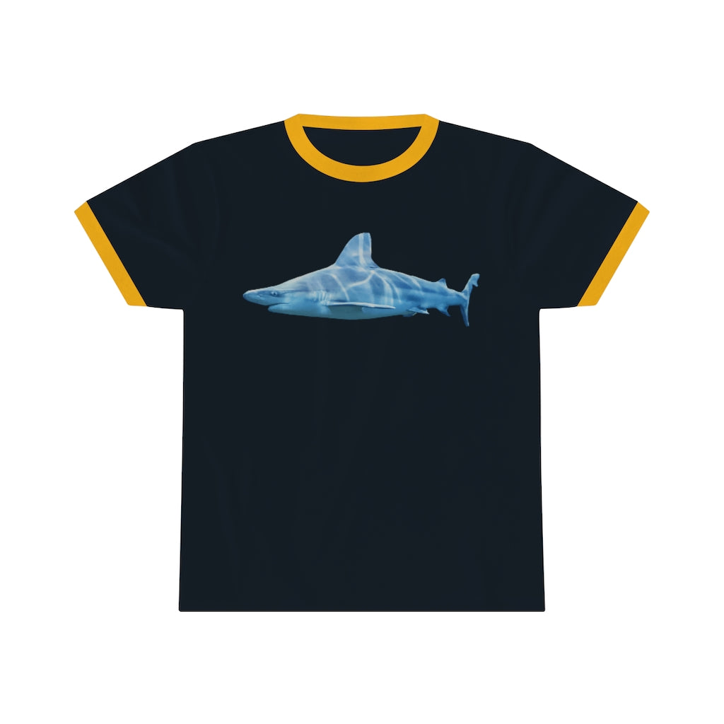 Shark Unisex Ringer Tee in various colors, showcasing its lightweight fabric and stylish design.