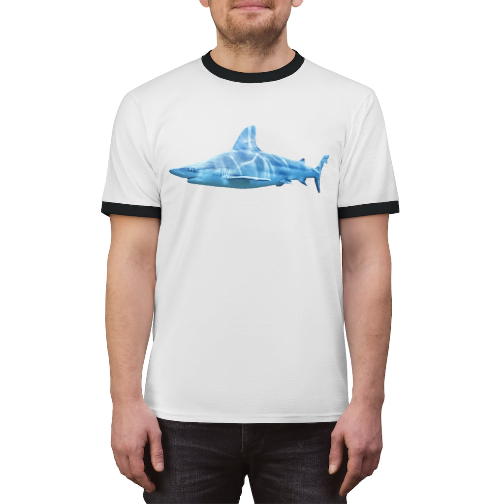 Shark Unisex Ringer Tee in various colors, showcasing its lightweight fabric and stylish design.