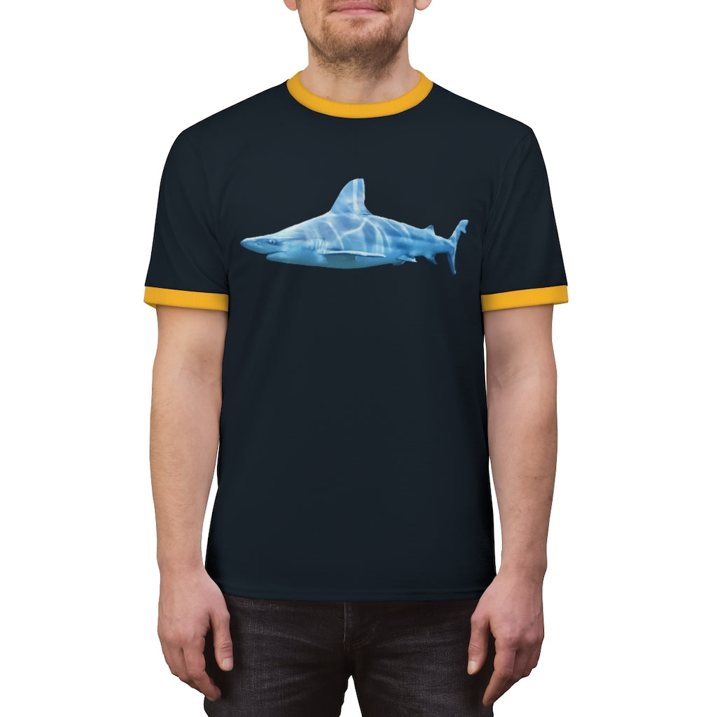 Shark Unisex Ringer Tee in various colors, showcasing its lightweight fabric and stylish design.