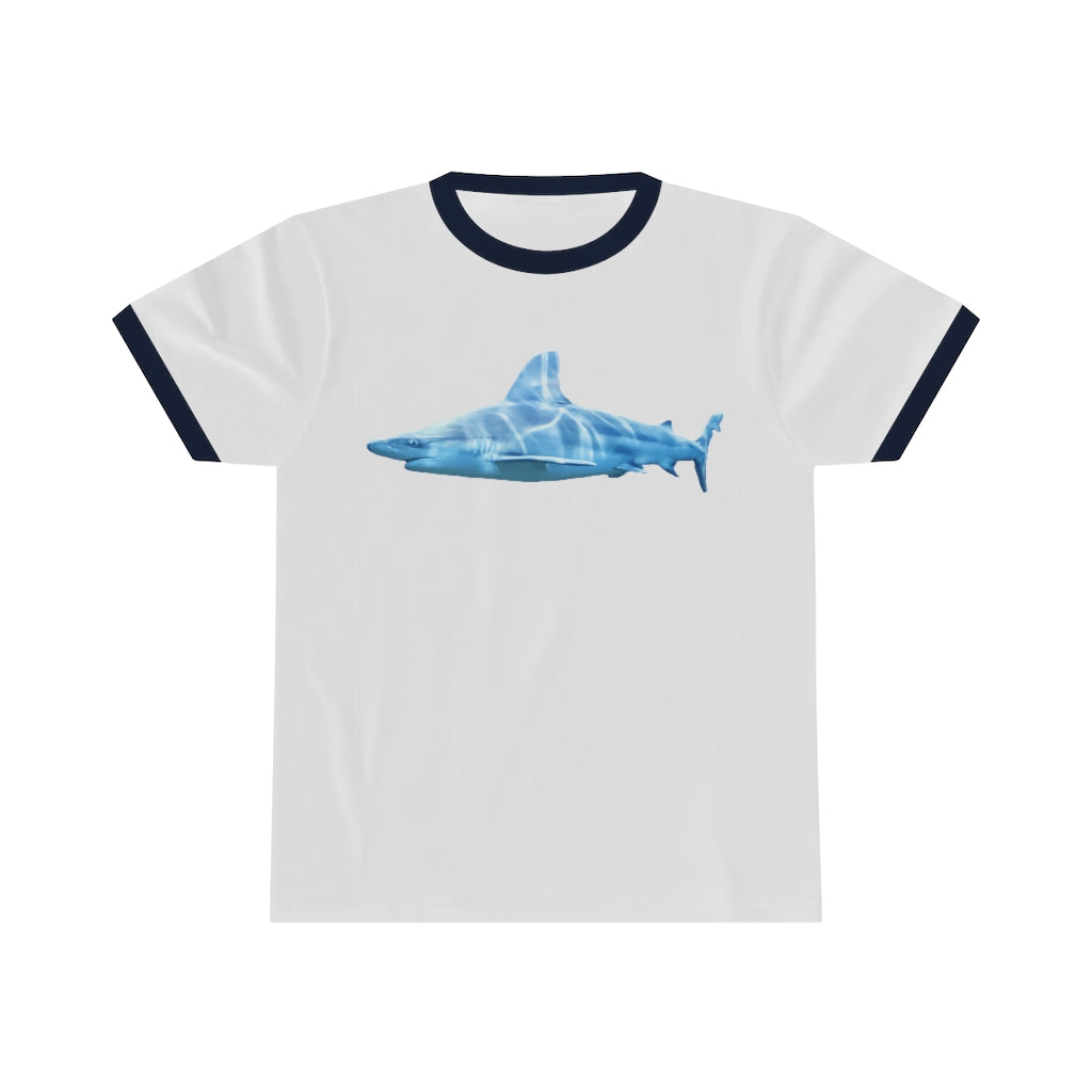 Shark Unisex Ringer Tee in various colors, showcasing its lightweight fabric and stylish design.