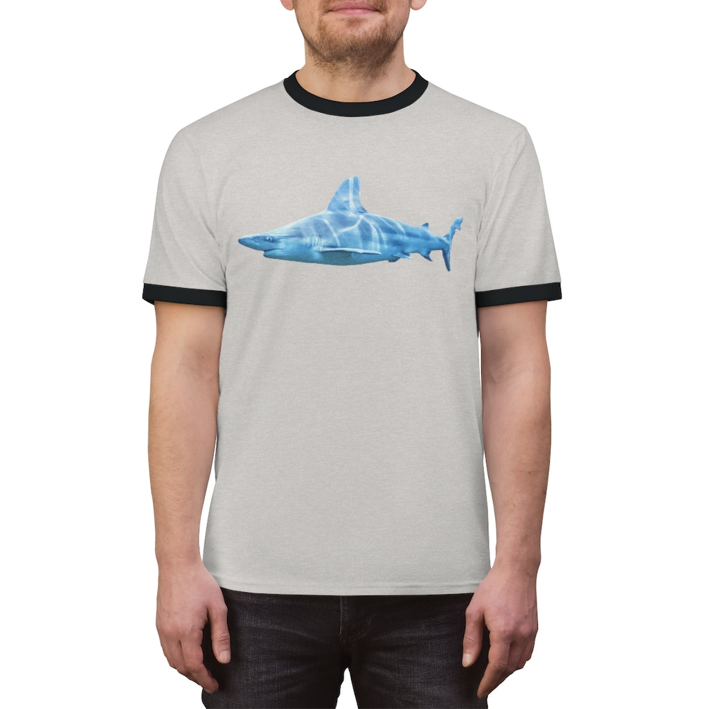 Shark Unisex Ringer Tee in various colors, showcasing its lightweight fabric and stylish design.