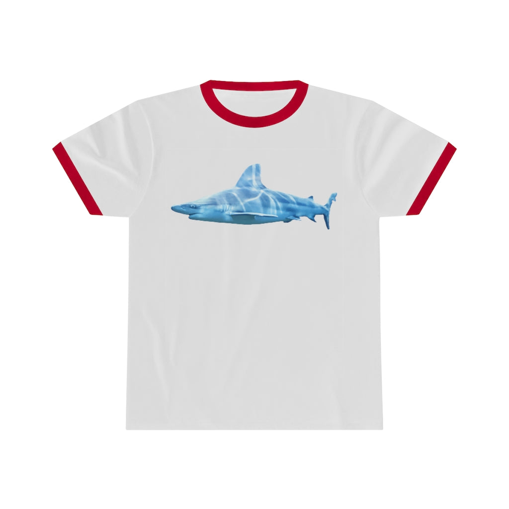 Shark Unisex Ringer Tee in various colors, showcasing its lightweight fabric and stylish design.